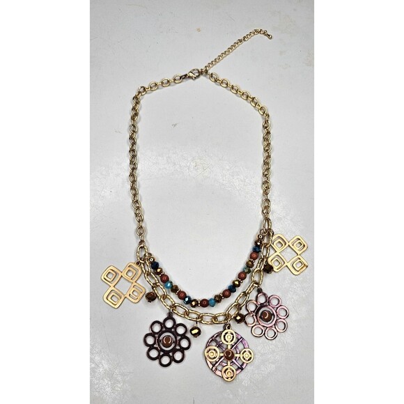 Gold Tole Layered Beaded Square Circle Eclectic Statement Necklace 19"L - Picture 1 of 4